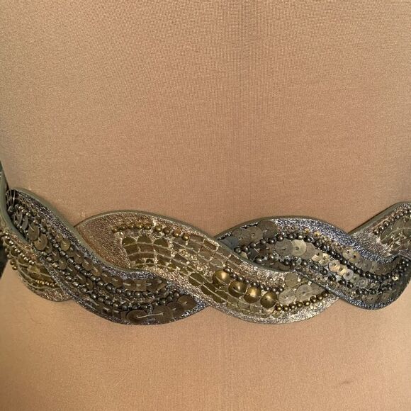 Vintage Statement Belt Metallic Silver Gold Braided Leather Sequins Beads Boho - Picture 5 of 8